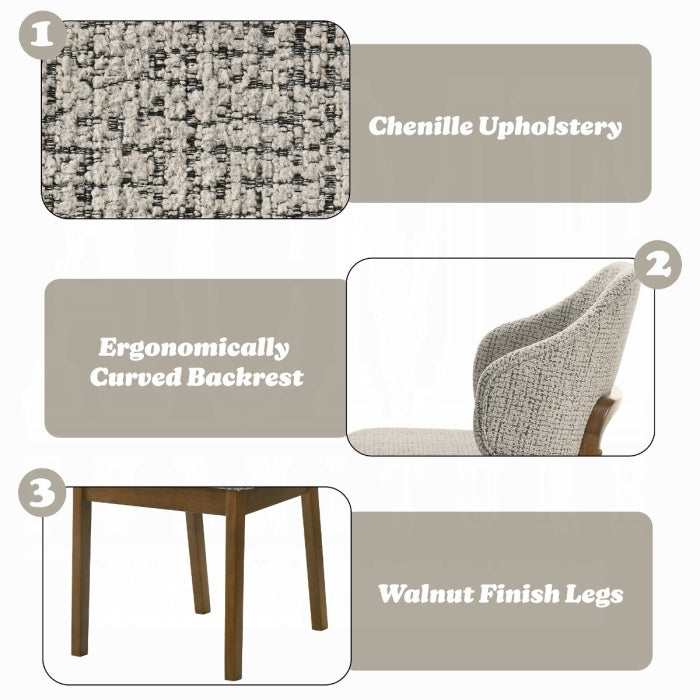 Collage of a chair with text highlighting features like Chenille Upholstery, Ergonomically Curved Backrest, and Walnut Finish Legs.
