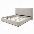 white background orane bed frame grey fabric all around tall headboard with a wood detail ontop of the headboard for desgn pillows and beding to show what it could look like for the frame complete 