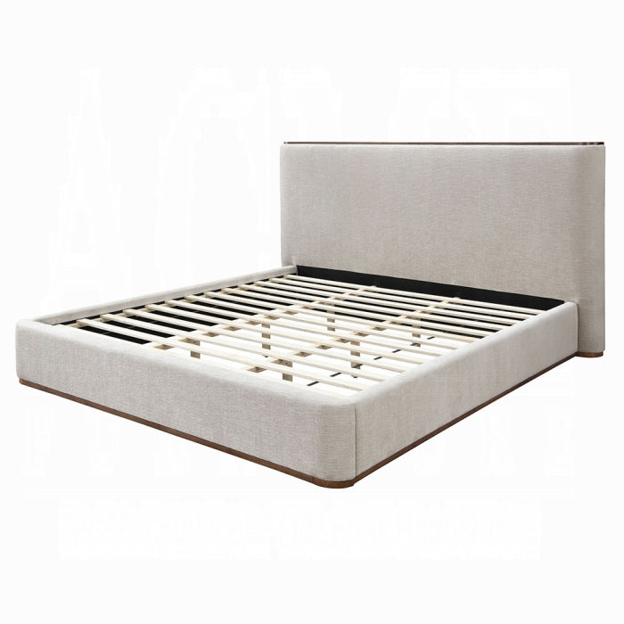 white background orane bed frame grey fabric all around tall headboard with a wood detail ontop of the headboard for desgn pillows and beding to show what it could look like for the frame complete 