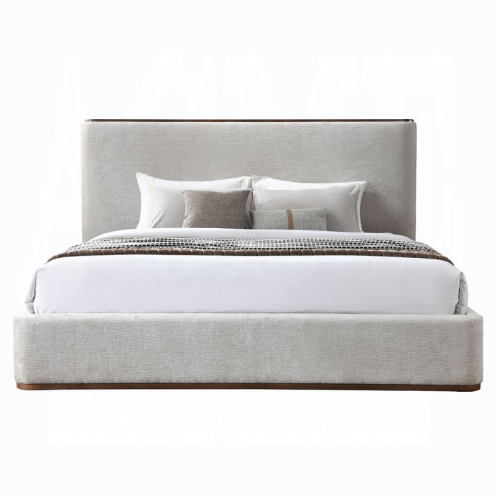 white background orane bed frame grey fabric all around tall headboard with a wood detail ontop of the headboard for desgn pillows and beding to show what it could look like for the frame complete 