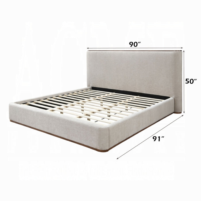white background bed frame with slates light grey fabric all around the frame showing measurements of 90 inch long 50 inch tall for the headboard and 91 inches wide 