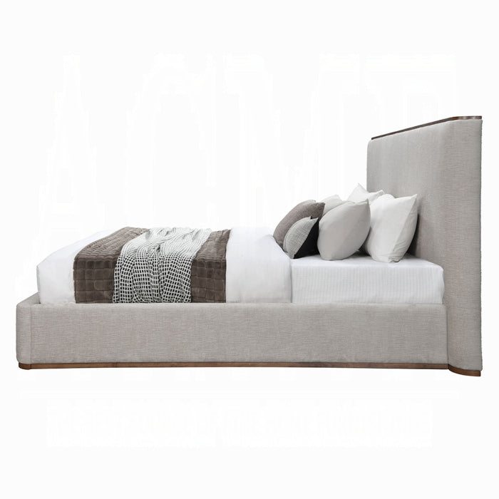 white background orane bed frame grey fabric all around tall headboard with a wood detail ontop of the headboard for desgn pillows and beding to show what it could look like for the frame complete 