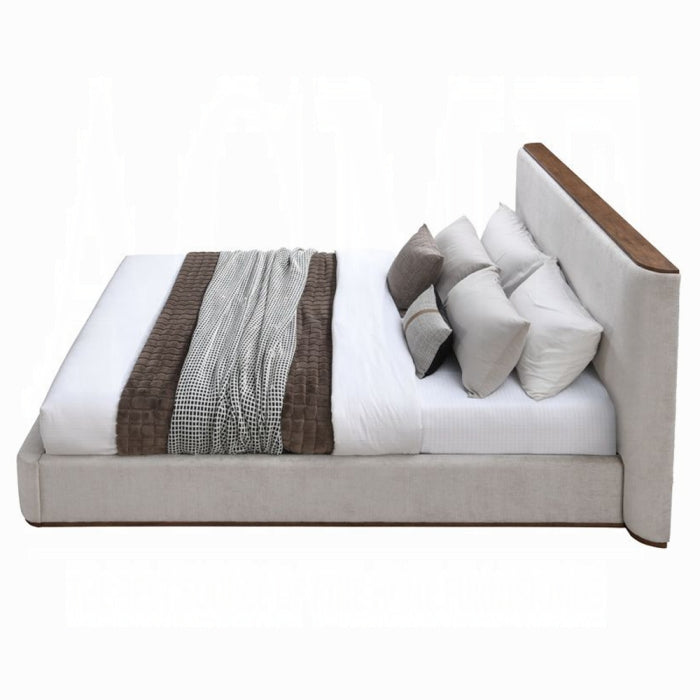 white background orane bed frame grey fabric all around tall headboard with a wood detail ontop of the headboard for desgn pillows and beding to show what it could look like for the frame complete 