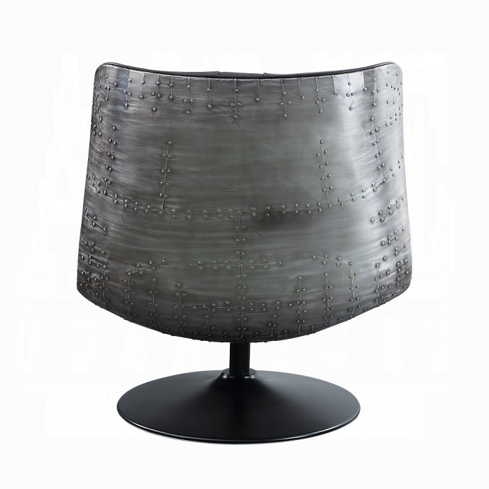Modern chair with metallic gray upholstered seat and black base on a white background