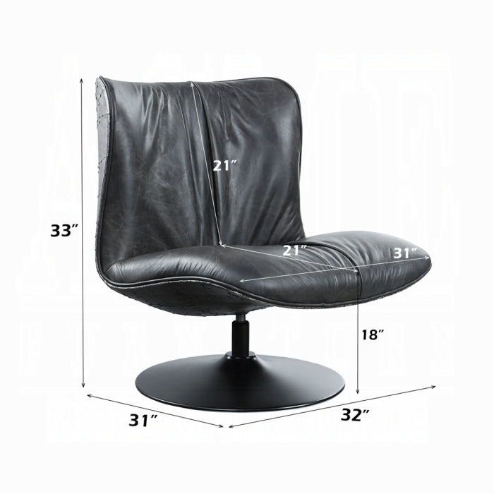 Black leather chair with dimensions marked on a white background