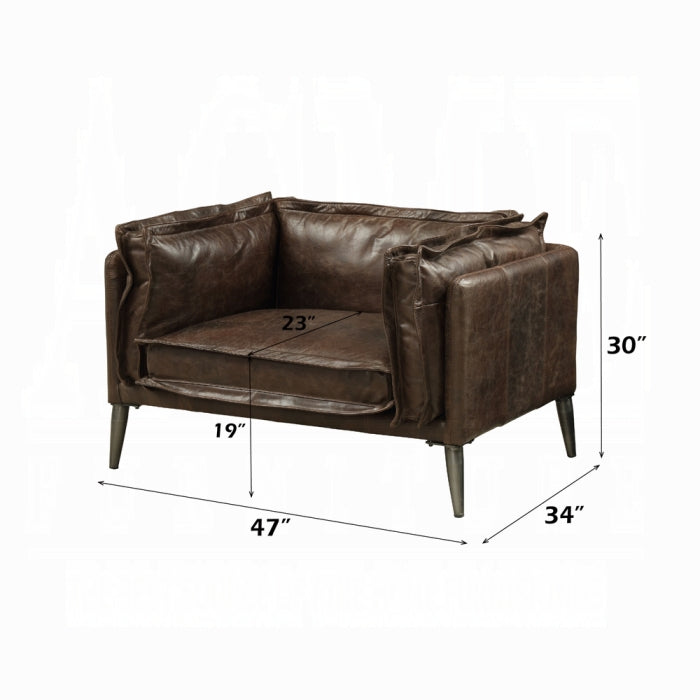white background dark brown leather chair with plush pillows all around matching leather through out the chair measured 30 inch tall 34 inch wide 47 inch long from feet to knee height looking at 19 inch tall and the seating cushion is 3 inch wide 