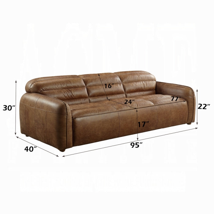 Brown leather sofa with dimensions marked on a white background