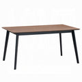 white background dinning table with 4 black legs base and a walnut colored finished as the table top surface 