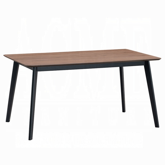 white background dinning table with 4 black legs base and a walnut colored finished as the table top surface 