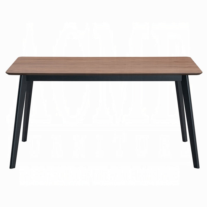 white background dinning table with 4 black legs base and a walnut colored finished as the table top surface 