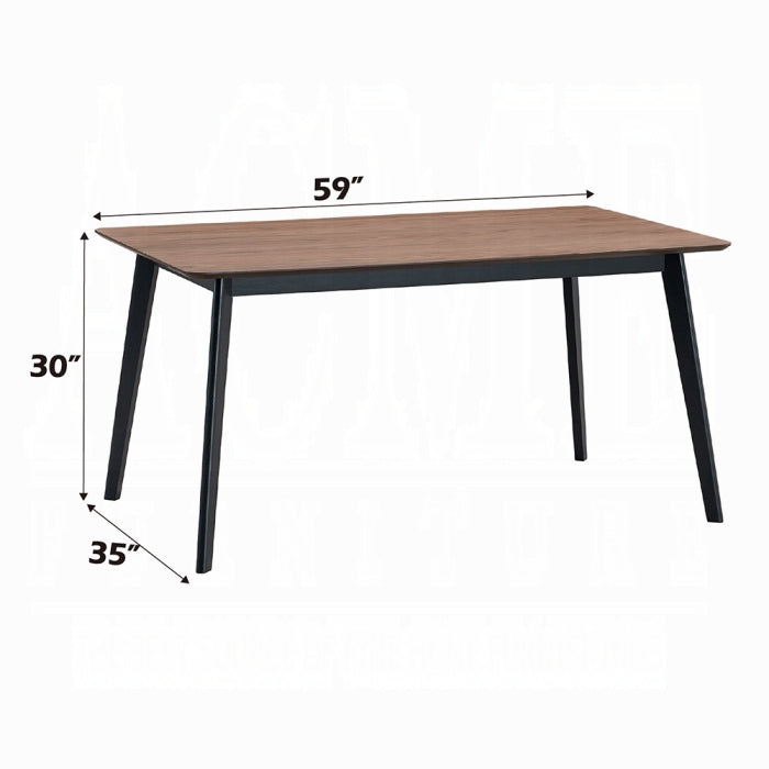 white background dinning table with 4 black legs base and a walnut colored finished as the table top surface with measurements of 59 inches long 30 inch tall and 35 inch wide 