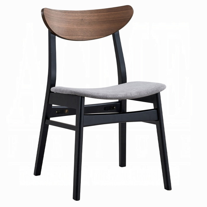 grey padded eat black chair black 4 legs with a wood like medium brown finish as the backrest that is a little curved at the edges white background 