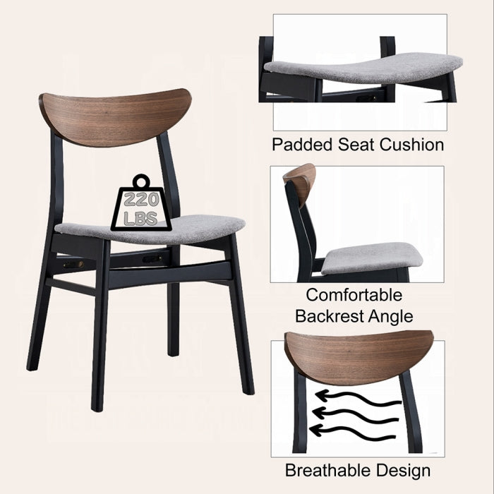 grey padded eat black chair black 4 legs with a wood like medium brown finish as the backrest that is a little curved at the edges breathable backrest its open in the middle weight capacity aprox 220 pounds 