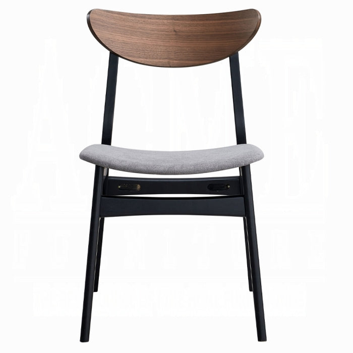 grey padded eat black chair black 4 legs with a wood like medium brown finish as the backrest that is a little curved at the edges white background 