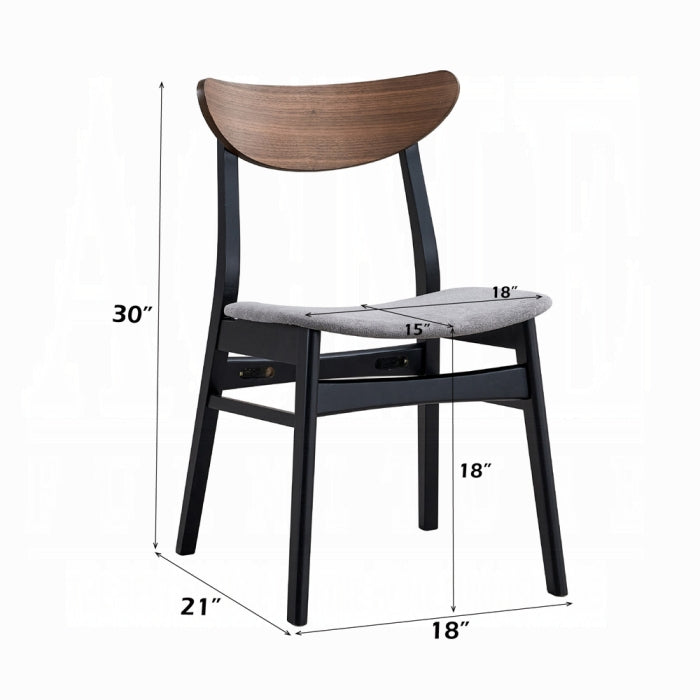 grey padded eat black chair black 4 legs with a wood like medium brown finish as the backrest that is a little curved at the edges measured 30 inch tall 21 inch wide 18 inch long seating pad is at 18 inch long 15 inch wide 
