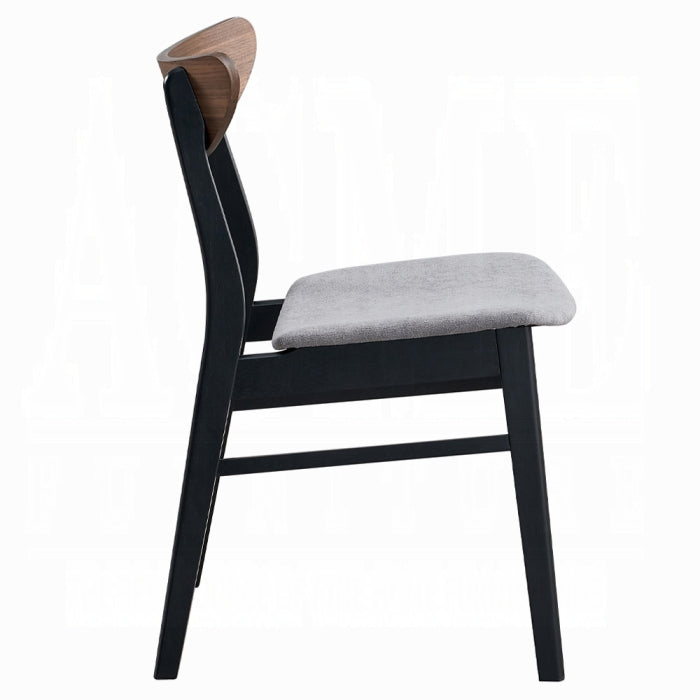 grey padded eat black chair black 4 legs with a wood like medium brown finish as the backrest that is a little curved at the edges white background 