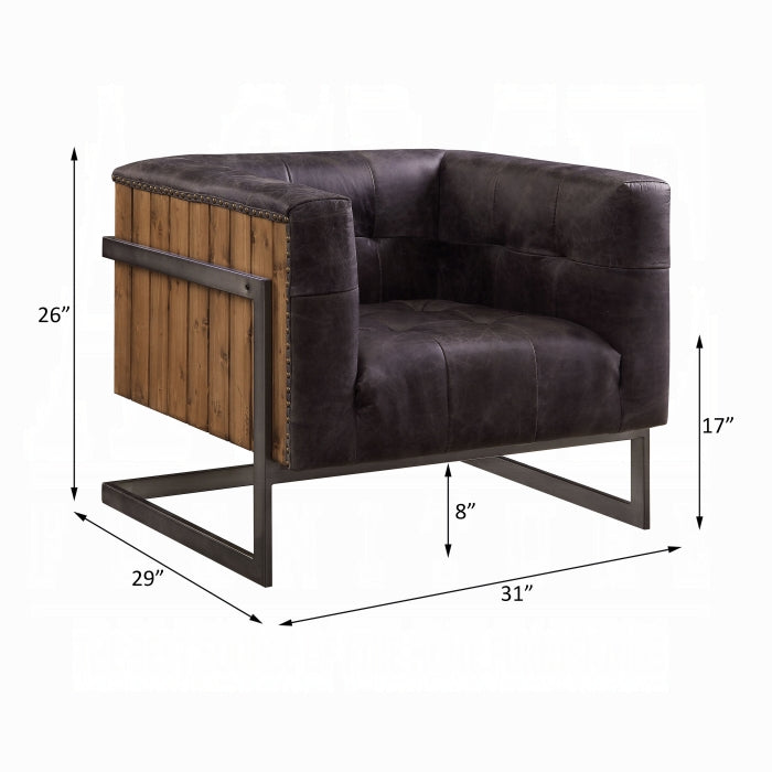 Brown leather armchair with wooden accents and dimensions on a white background
