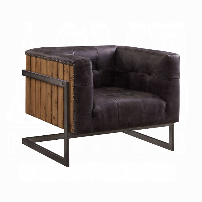 Dark brown leather armchair with wooden frame on a white background