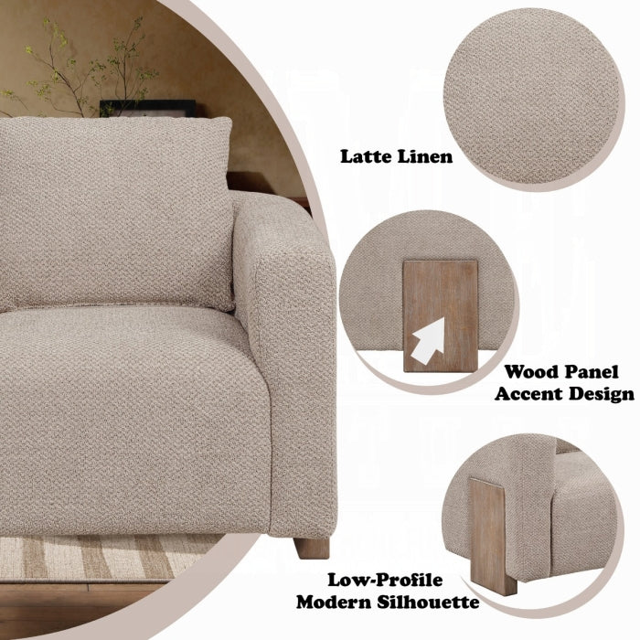 Beige armchair with wood panel accents and 'Latte Linen' fabric swatch.
