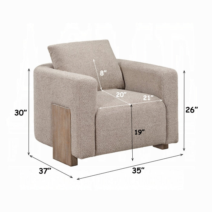 Beige armchair with dimensions labeled on a white background