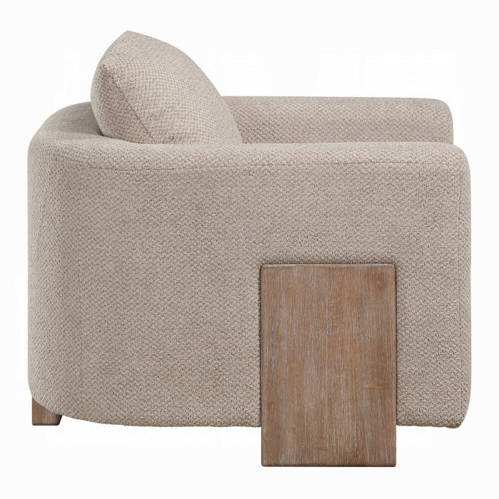 beige armchair with wood panel side legs accent