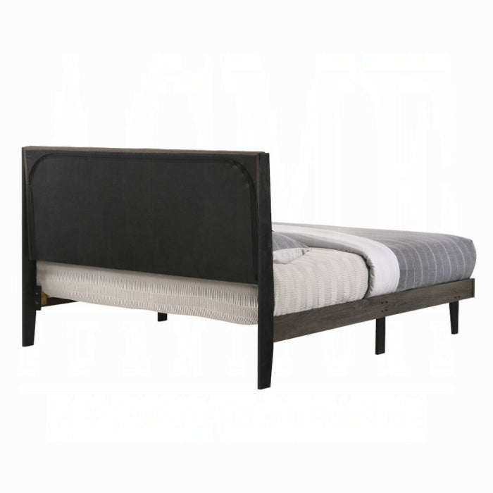 white background valdemar back of headboard colored black decorated blanket possibly grey with strips 3 legs on each side holding the bed frame