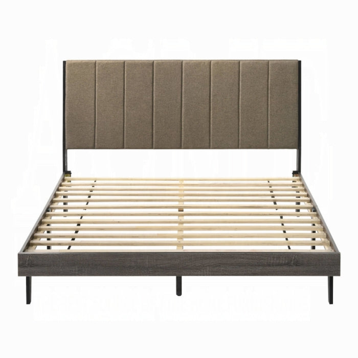 white background slated bottom grey fabric headboard with lines going down 
