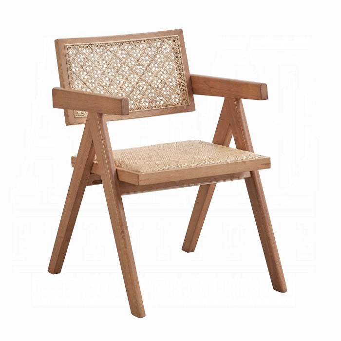 white background lightly curved backrests with pattered breathable rattan net inserts meduim brown wood trangle legs slight patted seating 