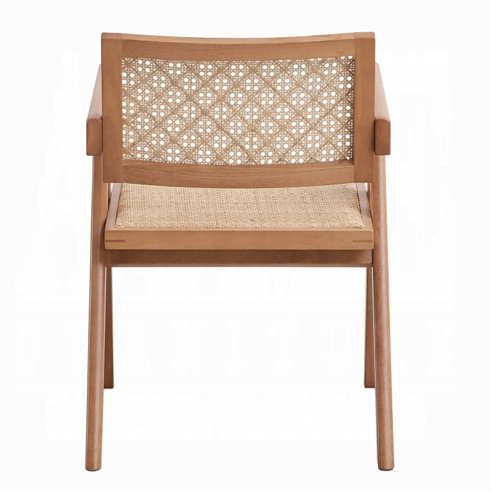 white background lightly curved backrests with pattered breathable rattan net inserts meduim brown wood trangle legs slight patted seating squared arms 