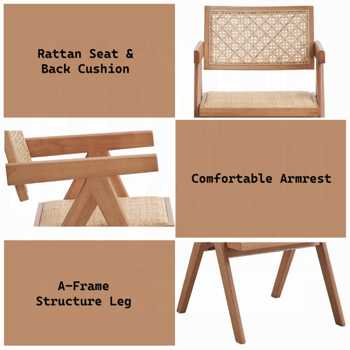 white background lightly curved backrests with pattered breathable rattan net inserts meduim brown wood trangle legs slight patted seating squared arms details image says rattan seat and back cushion comfortable armrest a frame structure leg