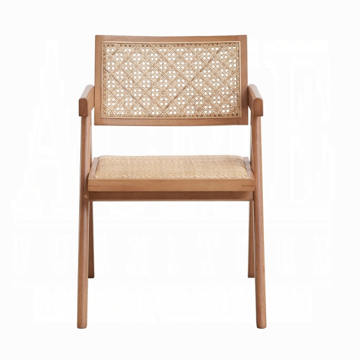white background lightly curved backrests with pattered breathable rattan net inserts meduim brown wood trangle legs slight patted seating squared arms 