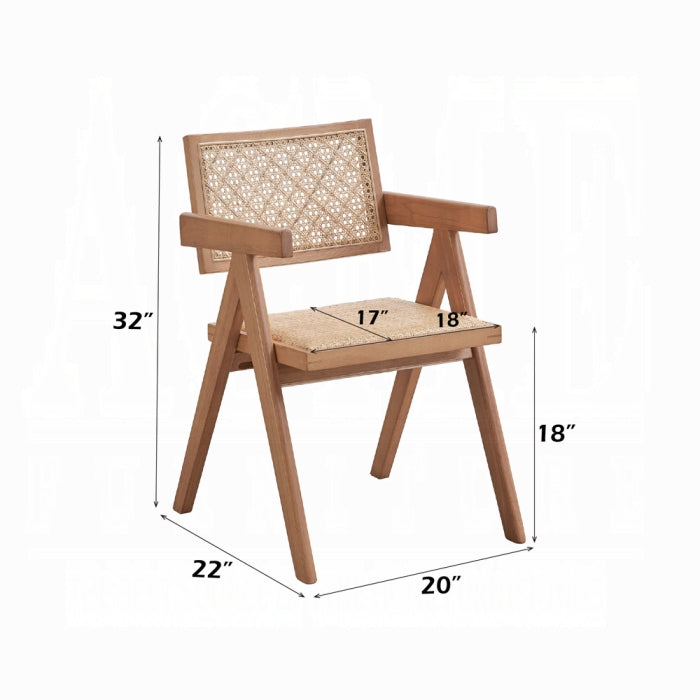 white background lightly curved backrests with pattered breathable rattan net inserts meduim brown wood trangle legs slight patted seating squared arms measurements are 32 inch tall 22 inch wide 0 inch long legs from floor to seating 18 inch tall padded seating 17 inc wide 18 inch long 