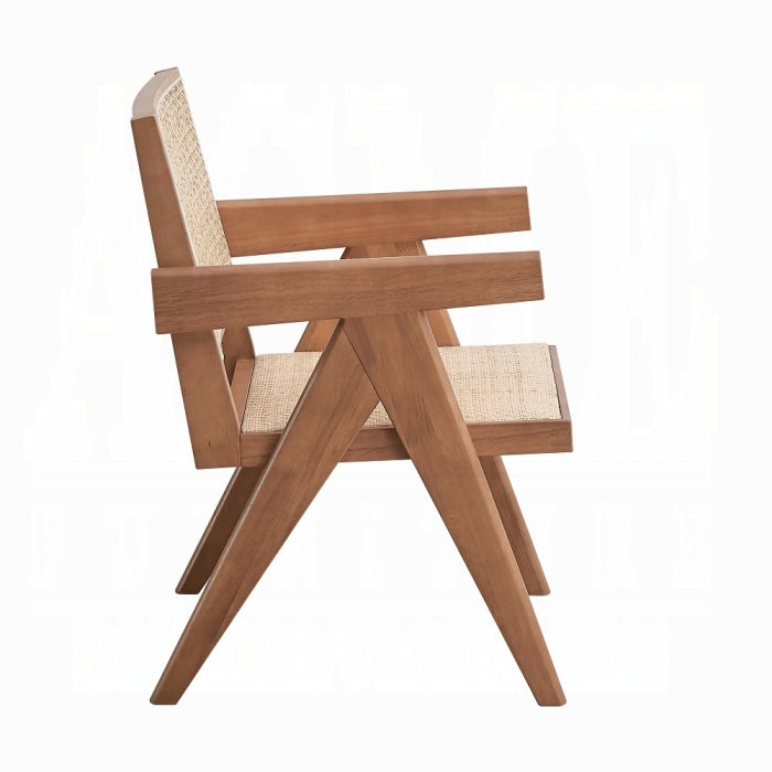 white background lightly curved backrests with pattered breathable rattan net inserts meduim brown wood trangle legs slight patted seating squared arms 