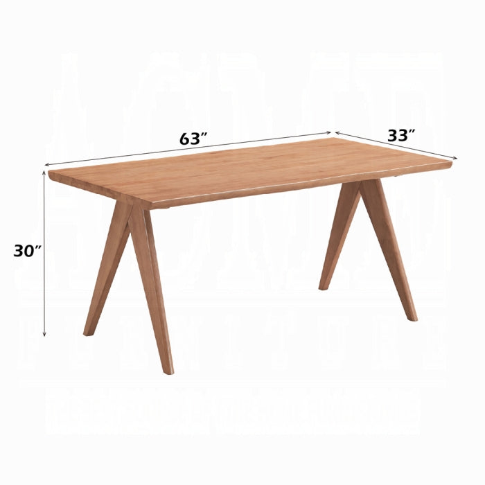 white background walnut light color wood desk with legs that look like triangles edged sides for the table not a smooth line showing measurements at 30 inch tall 33 inch wide 63 inch long 