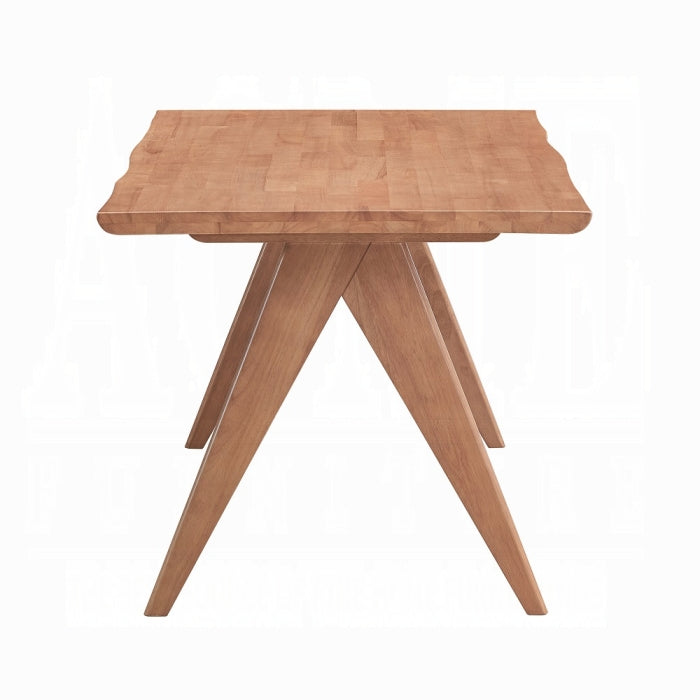 white background walnut light color wood desk with legs that look like triangles edged sides for the table not a smooth line