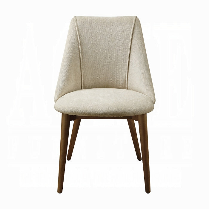 white back ground willene chair 4 wooden legs beige fabric dinning chair facing forward 