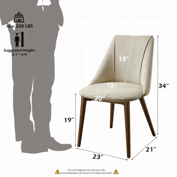 white background willene chair wooden legs beige fabric displaying measurements 34 inch tall from floor to back 23 inch wide 21 inch long safety conditions of max 220 pounds suggest height of 5'1-5'9