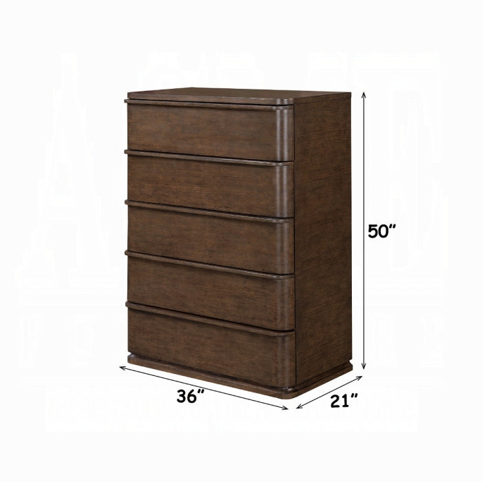 Brown dresser with dimensions labeled on a white background