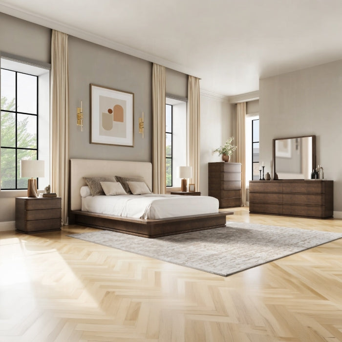 Modern bedroom with wooden furniture, including a bed, nightstands, and dressers.