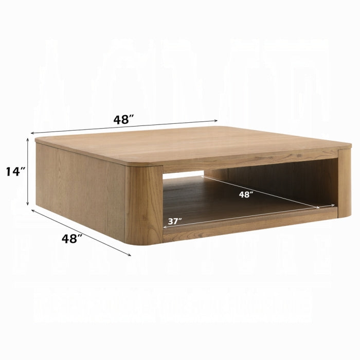 white background coffee table oak veener square with open middle for storage measured 48 inch long 48 inch wide 14 inch tall 