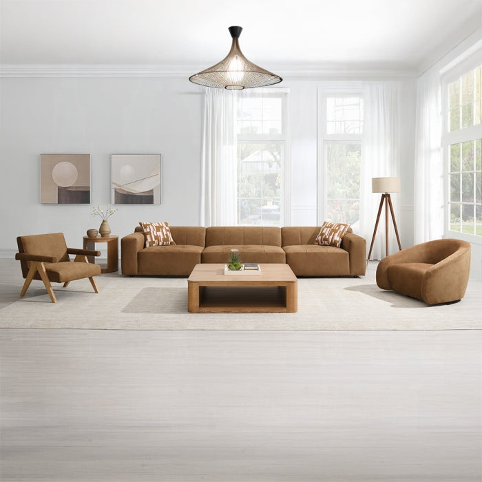  coffee table oak veener square with open middle for storage staged in a living room setting infront of a couch chair painting lighting big windows 