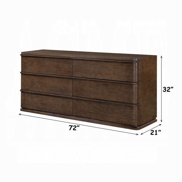 Wooden dresser with dimensions labeled on a white background
