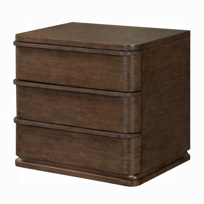Wooden nightstand with three drawers on a white background