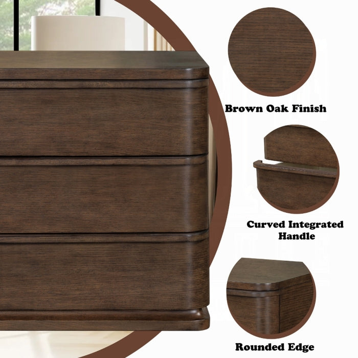 Wooden dresser with brown oak finish, curved integrated handle, and rounded edge on a white background.