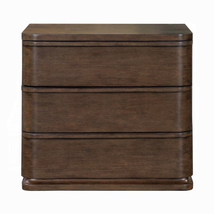 Wooden nightstand with three drawers on a white background