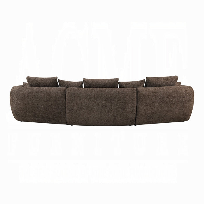Brown sectional sofa with six cushions on a white background