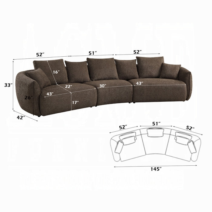 Brown sectional sofa with dimensions on a white background