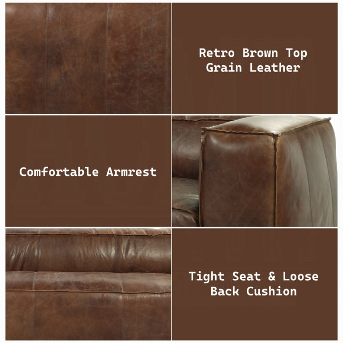 Collage of brown leather sofa features including top grain leather, comfortable armrest, and tight seat with loose back cushion.
