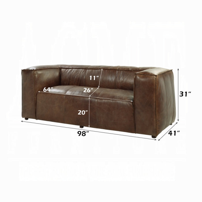 Brown leather sofa with dimensions marked on a white background