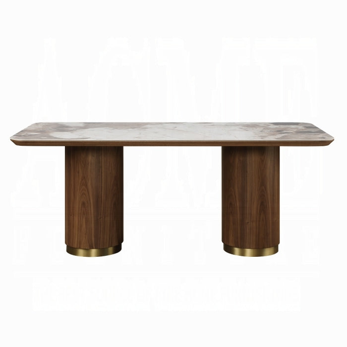 dinning table with marble look alike top and wooden circled legs 